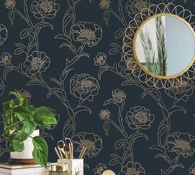 Peonies Peacock Blue/Gold Removeable Wallpaper, 28 Sq. Ft - Image 1