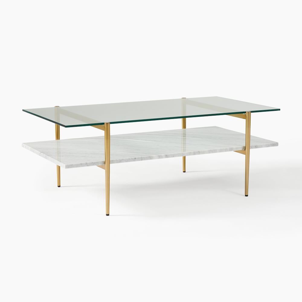 Art Display Coffee Table, Rectangle, Glass, Marble, Antique Brass - Image 0