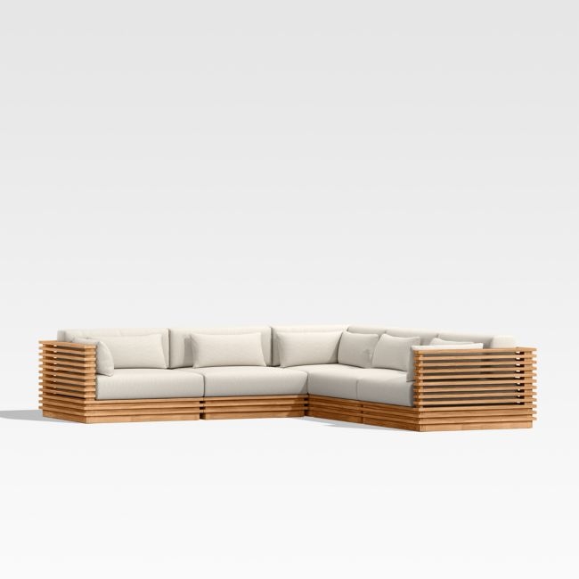 Batten Natural Teak 5-Piece L-Shaped Outdoor Sectional Sofa with Oat Cushions - Image 0