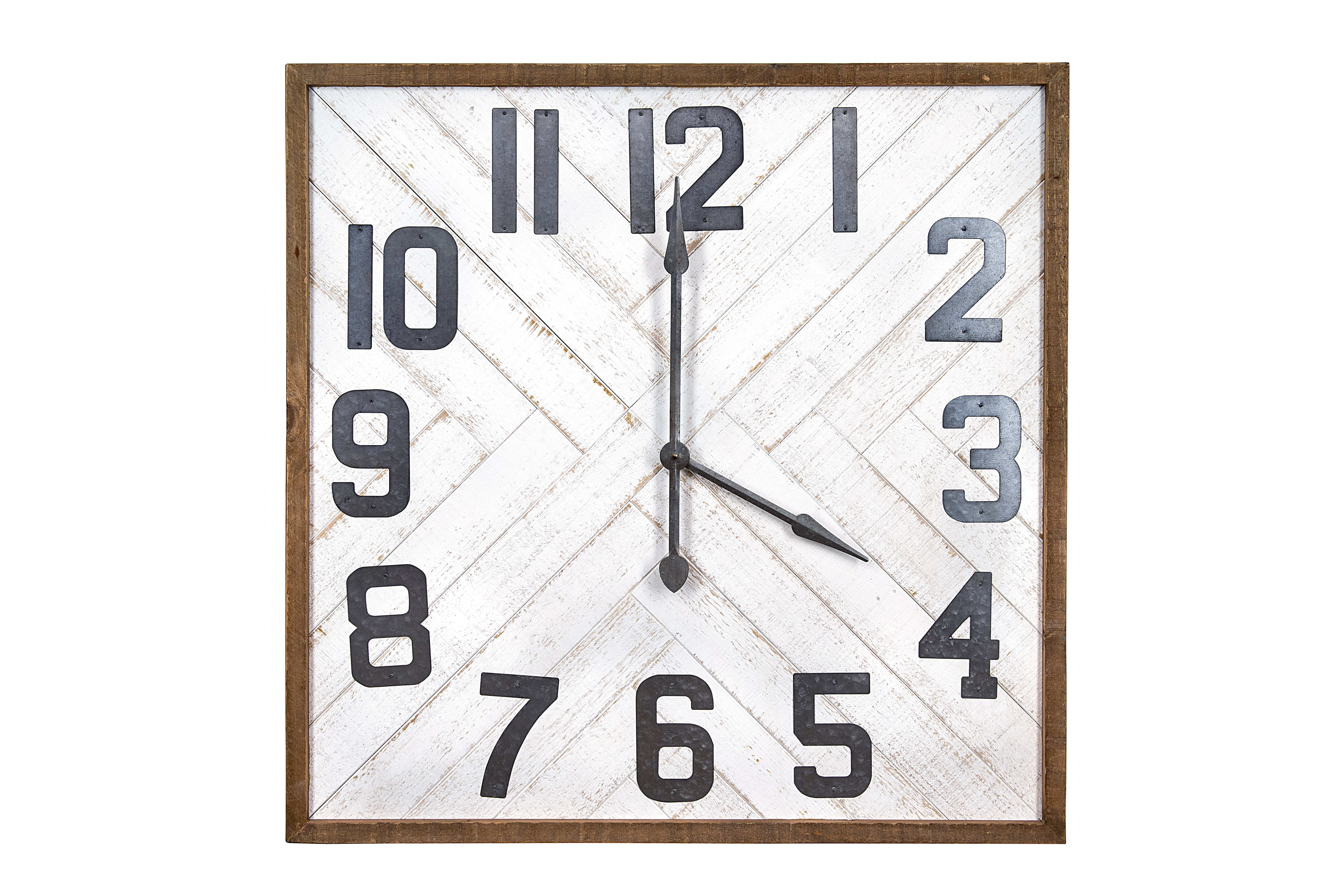 36" Square Herringbone Inlay Distressed White Wood Wall Clock - Image 0