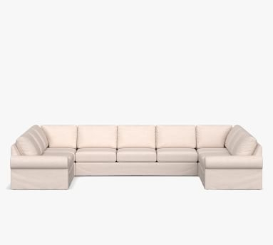 Big Sur Roll Arm Slipcovered U-Sofa Sectional with Bench Cushion, Down Blend Wrapped Cushions, Performance Slub Cotton Stone - Image 2