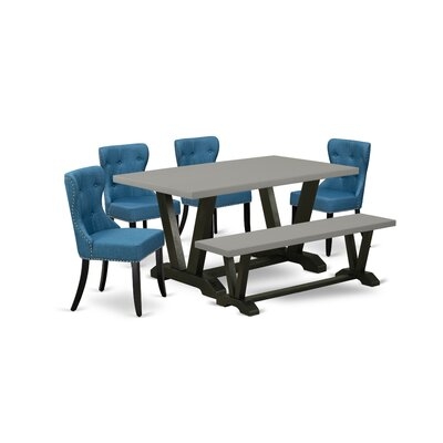 CC9FD8DC5BD84DB3AEEDA7682DE6A9FD 6-Pc Dining Set- 4 Dining Chairs With Coffee Linen Fabric Seat - Dining Table And Bench - Distressed Jacobean And Wire Brushed Black Finish - Image 0