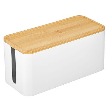 Cable Organizer Box With Bamboo Lid Small, White Natural - Image 0