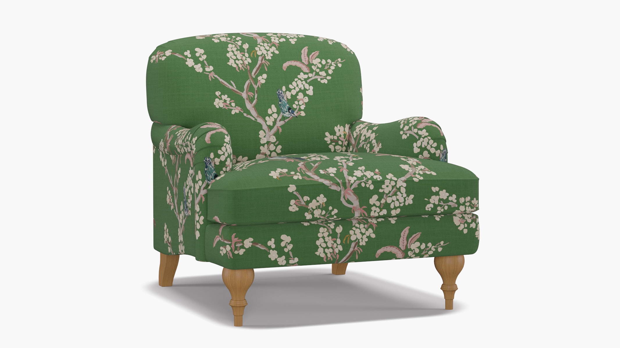 English Roll Arm Chair, Jade Cherry Blossom, Natural Turned Wood Leg - Image 1