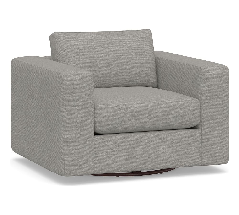 Carmel Square Arm Upholstered Swivel Armchair, Down Blend Wrapped Cushions, Performance Heathered Basketweave Platinum - Image 0