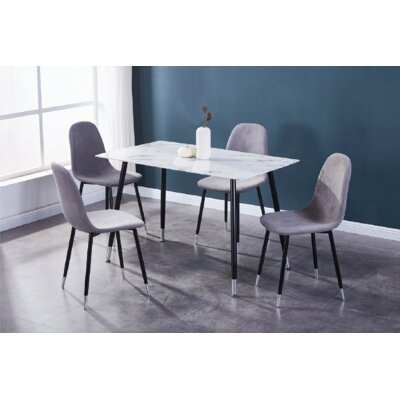 Dining Set 1 Table White Marble Glass Top With Black/Grey Metal Legs And 4 Chairs Grey Upholstered Fabric Seat With Black/Grey Metal Legs - Image 0