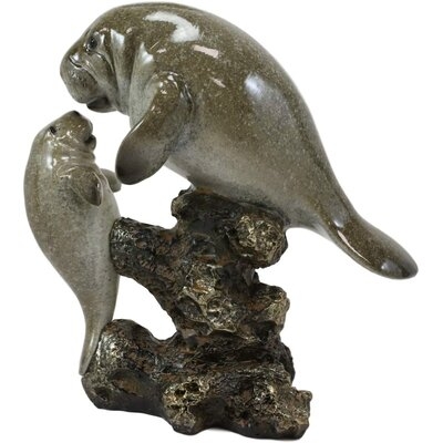 Rosecliff Heights Nautical Coastal Antillean Manatee Sea Cow With Calf Baby By Corals Statue 6.75" Tall Marine Life Home Decorative Accent Figurine In Semi Glossy Wet Look Finish - Image 0