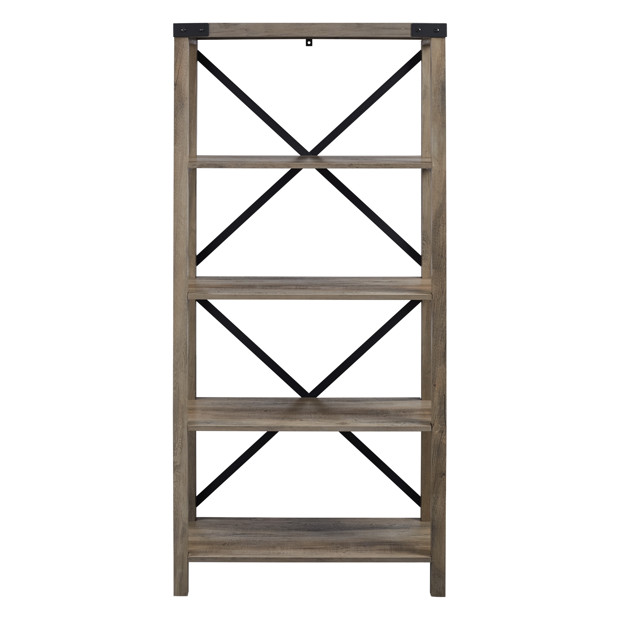 64" Farmhouse Metal X Bookshelf - Grey Wash - Image 1