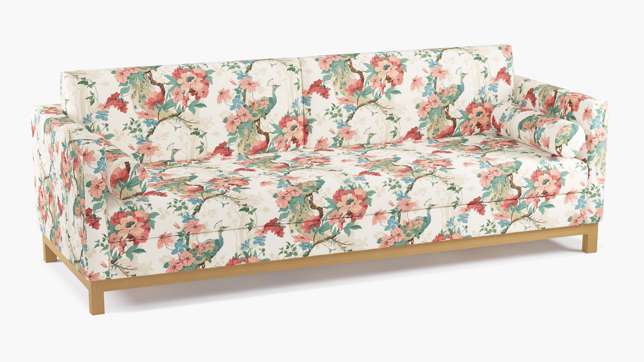 Tailored Tuxedo Sofa, Rose Peacock Park, Natural Wood Rail - Image 1