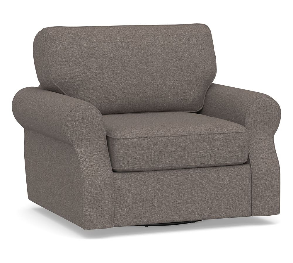 SoMa Fremont Roll Arm Upholstered Swivel Armchair, Polyester Wrapped Cushions, Performance Brushed Basketweave Charcoal - Image 0