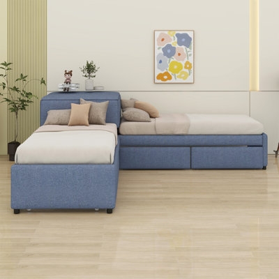 L-Shaped Upholstered Platform Bed With Trundle,Two Drawers And Built-In Desk - Image 0