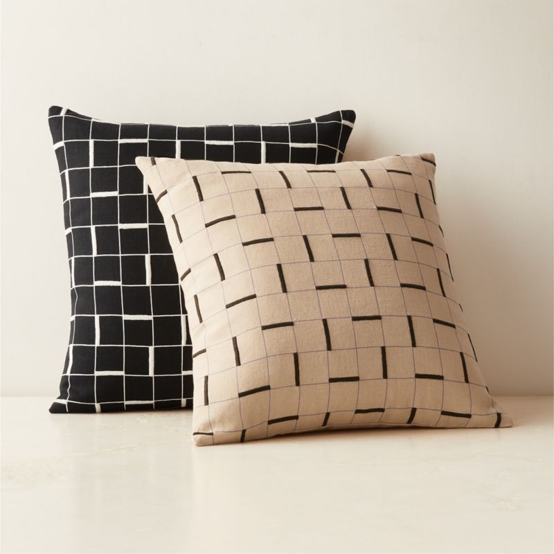 Symi Black and Warm White Embroidered Linen Throw Pillow with Down-Alternative Insert 20"x20" - Image 3