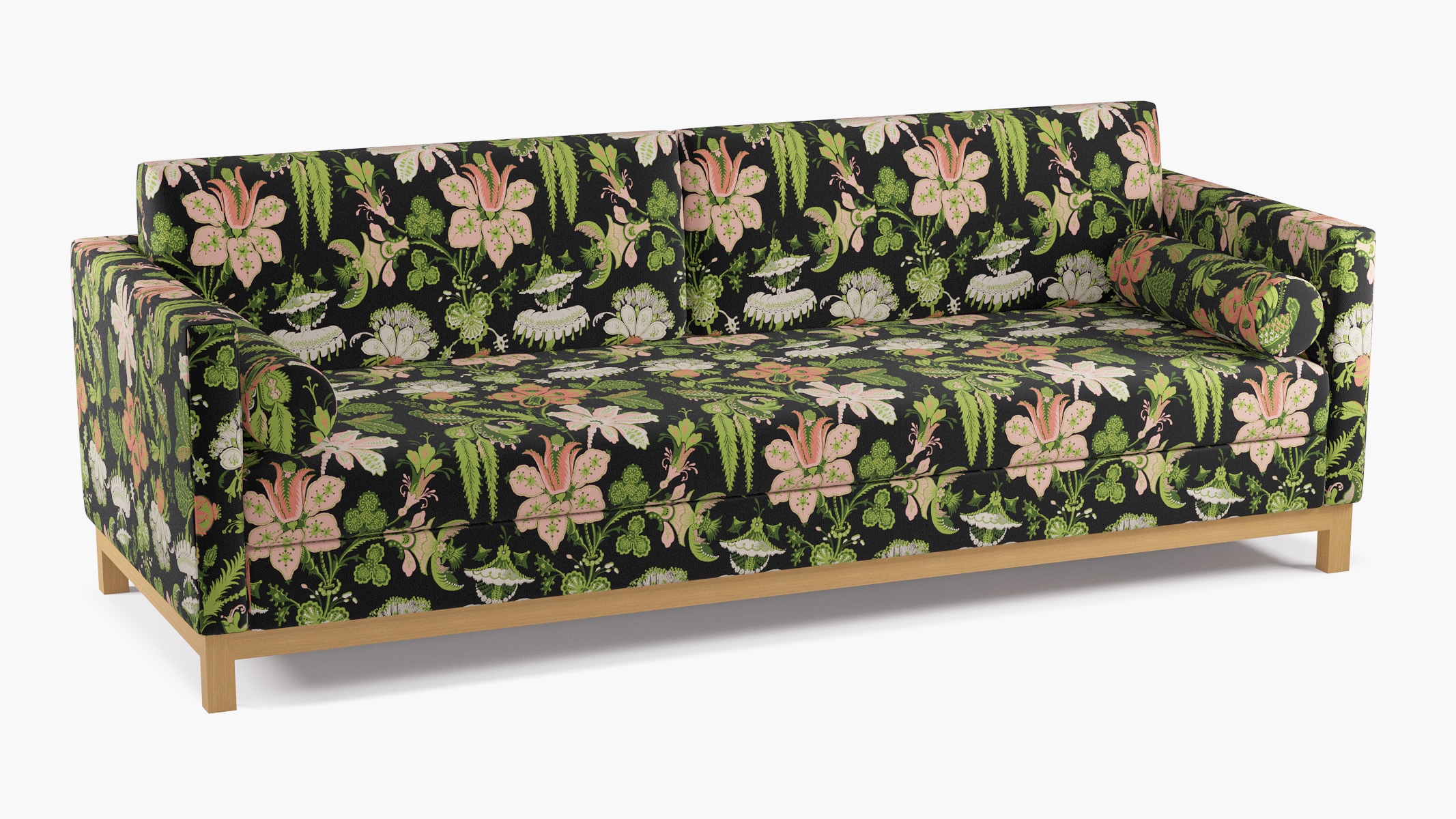 Tailored Tuxedo Sofa, Coral Onyx Rossetta, Natural Wood Rail - Image 1