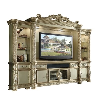 Traditional Wood And Glass Entertainment Center With Carvings, Gold - Image 0