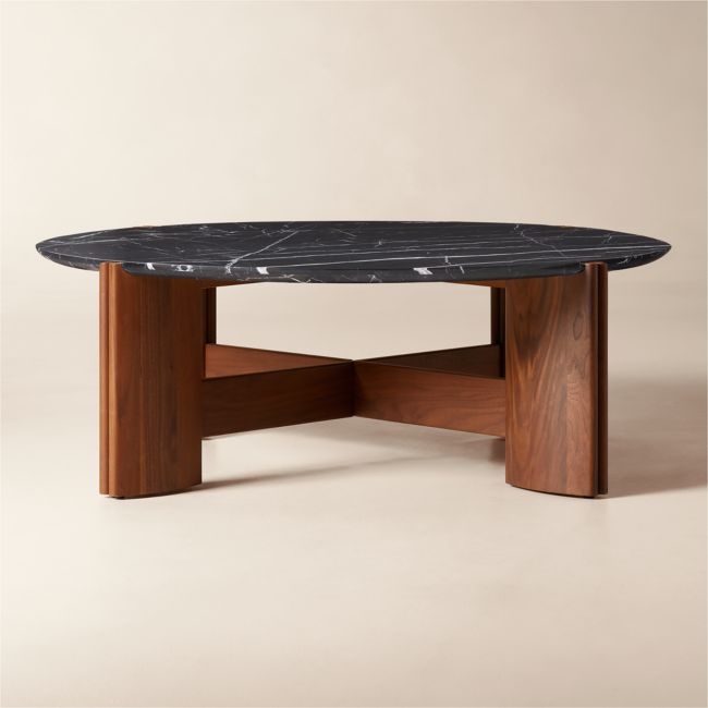 Tule 47" Round Black Marble and Walnut Wood Coffee Table - Image 0