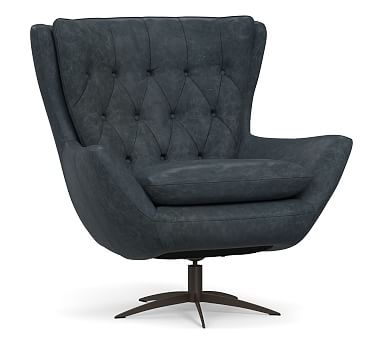 Wells Leather Swivel Armchair with Bronze Base, Polyester Wrapped Cushions, Statesville Indigo - Image 0