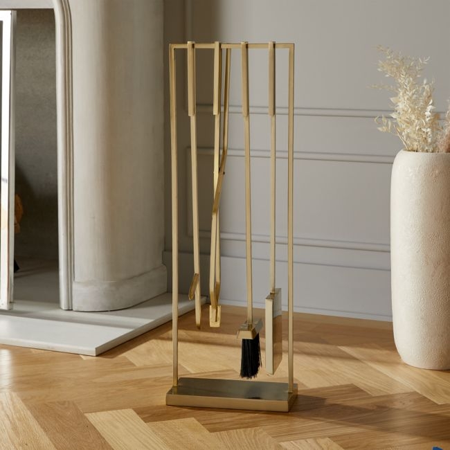 4-Piece Bend Gold Standing Fireplace Tool Set - Image 1
