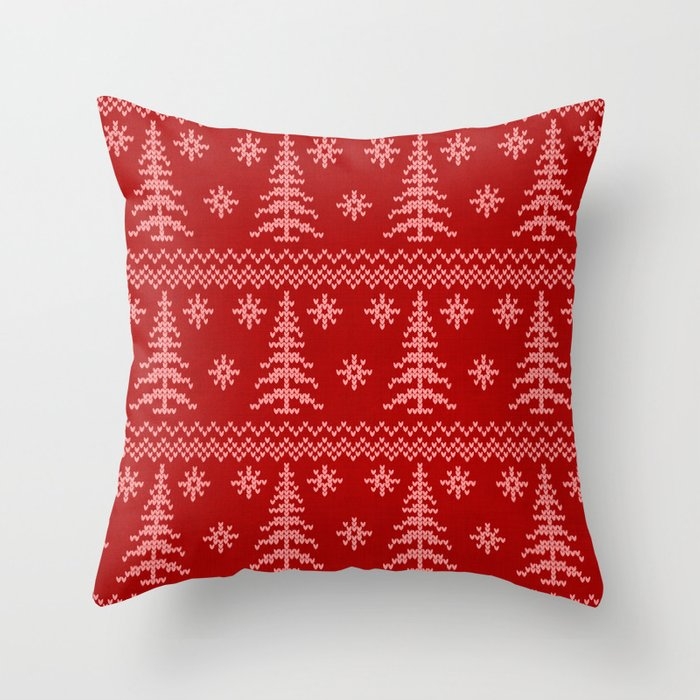 Stitched Evergreens In Red And Pink Throw Pillow by House Of Haha - Cover (16" x 16") With Pillow Insert - Outdoor Pillow - Image 0