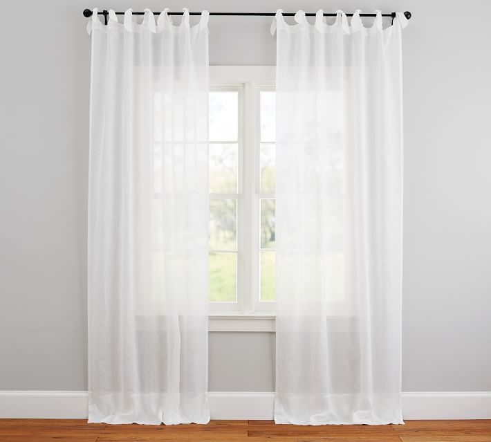 Belgian Flax Linen Sheer Tie-Top Curtain, White, 50" x 96" - Image 0