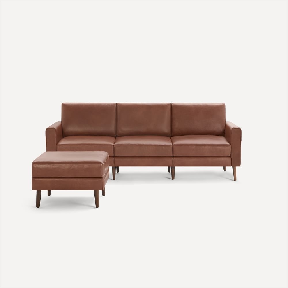 Nomad Block Leather Sofa with Ottoman, Leather, Chestnut, Walnut Wood - Image 0