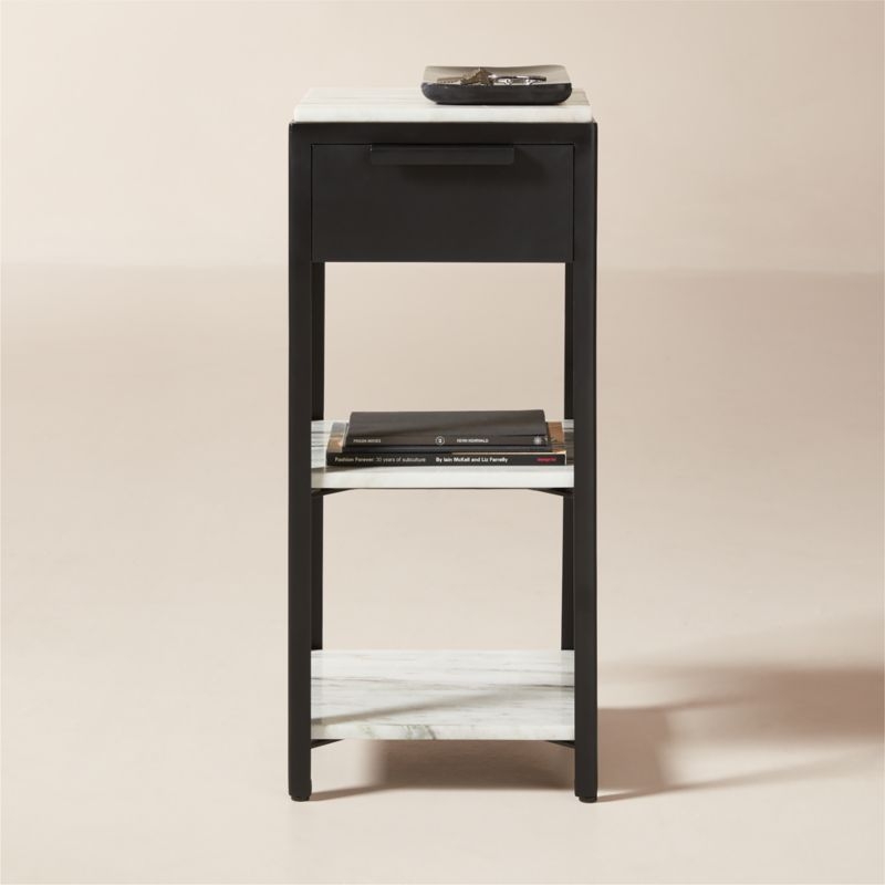 Kessi Black Metal and White Marble Side Table with Drawer - Image 1