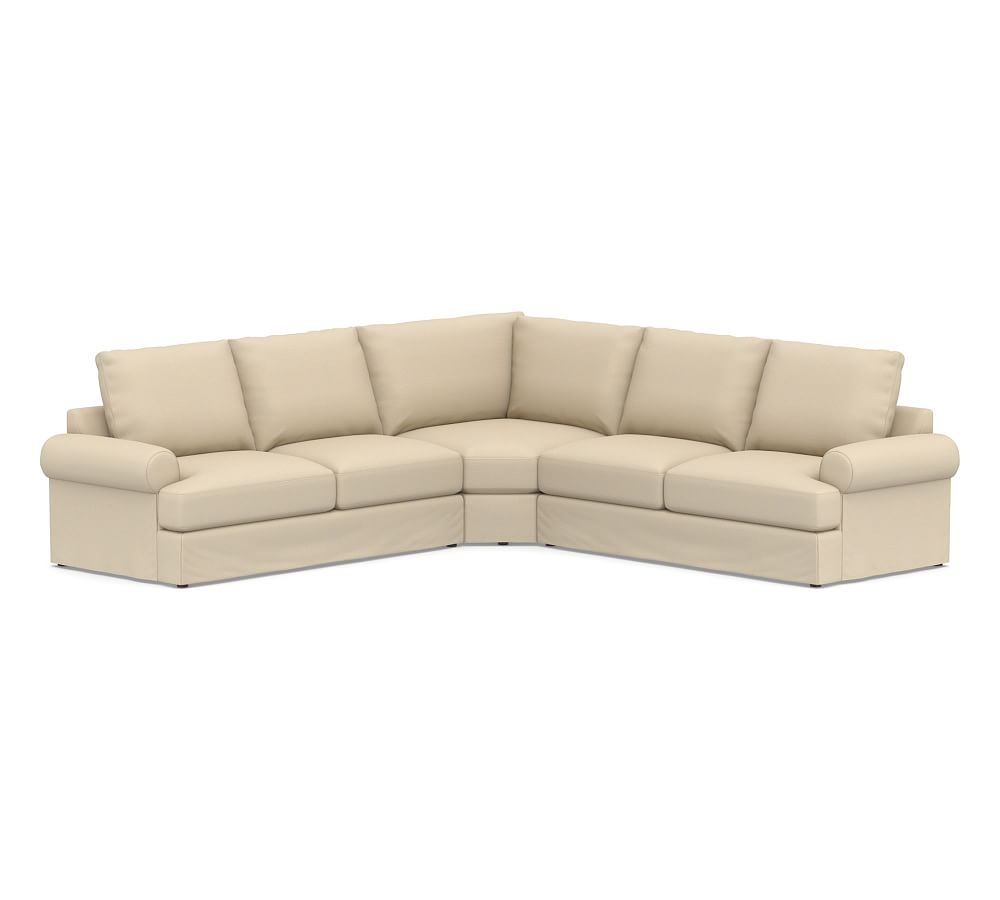 Canyon Roll Arm Slipcovered 3-Piece L-Shaped Wedge Sectional, Down Blend Wrapped Cushions, Park Weave Oatmeal - Image 0