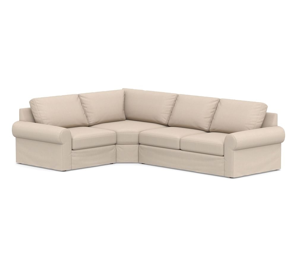 Big Sur Roll Arm Slipcovered Right Arm 3-Piece Wedge Sectional, Down Blend Wrapped Cushions, Sunbrella(R) Performance Sahara Weave Oatmeal - Image 0