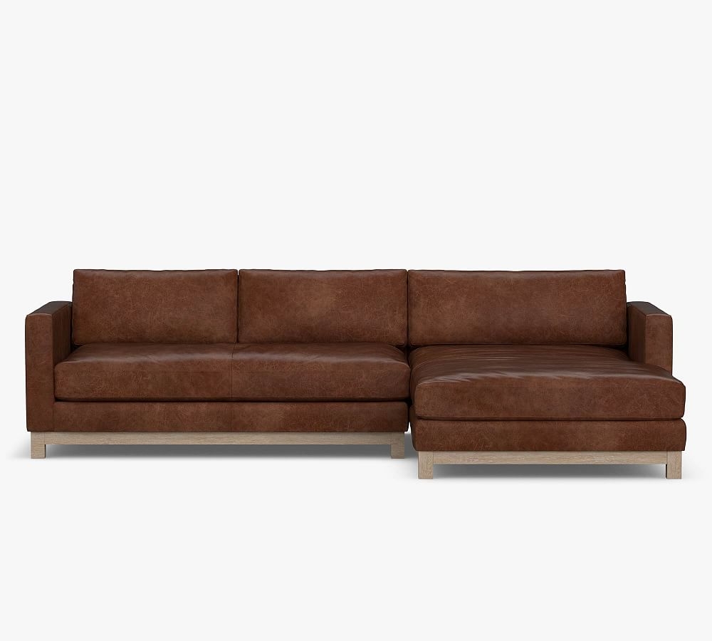 Jake Leather Left Arm 2-Piece Sectional with Double Chaise with Wood Legs, Down Blend Wrapped Cushions, Nubuck Coffee - Image 0