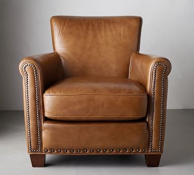 Irving Roll Arm Leather Armchair, Bronze Nailheads, Polyester Wrapped Cushions Churchfield Camel - Image 5