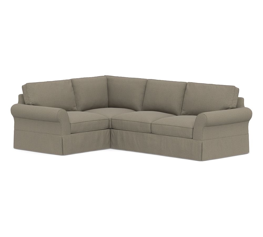 PB Comfort Roll Arm Slipcovered Right Arm 3-Piece Corner Sectional, Box Edge Down Blend Wrapped Cushions, Chenille Basketweave Taupe - Image 0