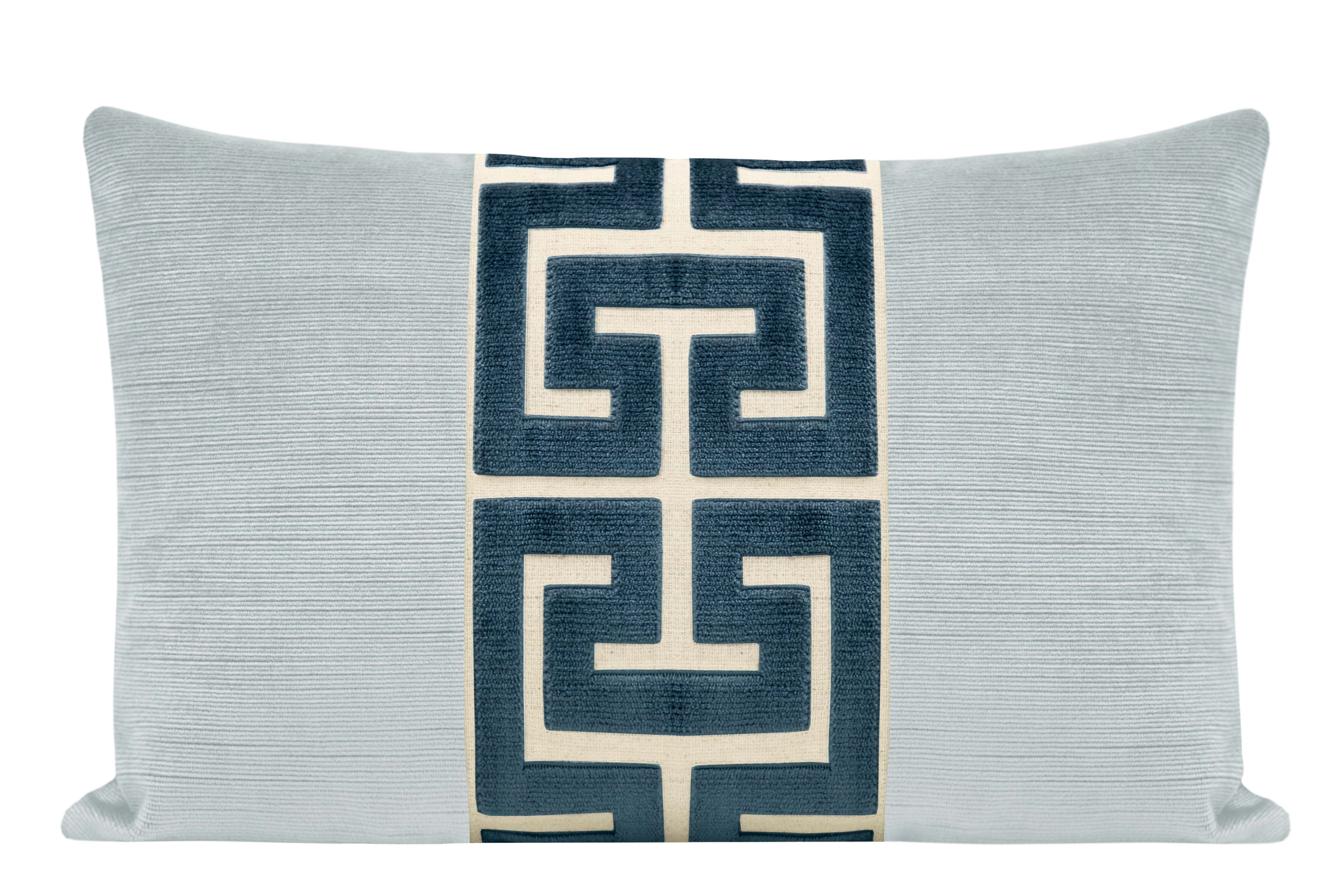 THE LITTLE LUMBAR :: STRIE VELVET // MIST + NAVY BLUE GREEK TRIM - SAMPLE 4" X 4" - Image 0