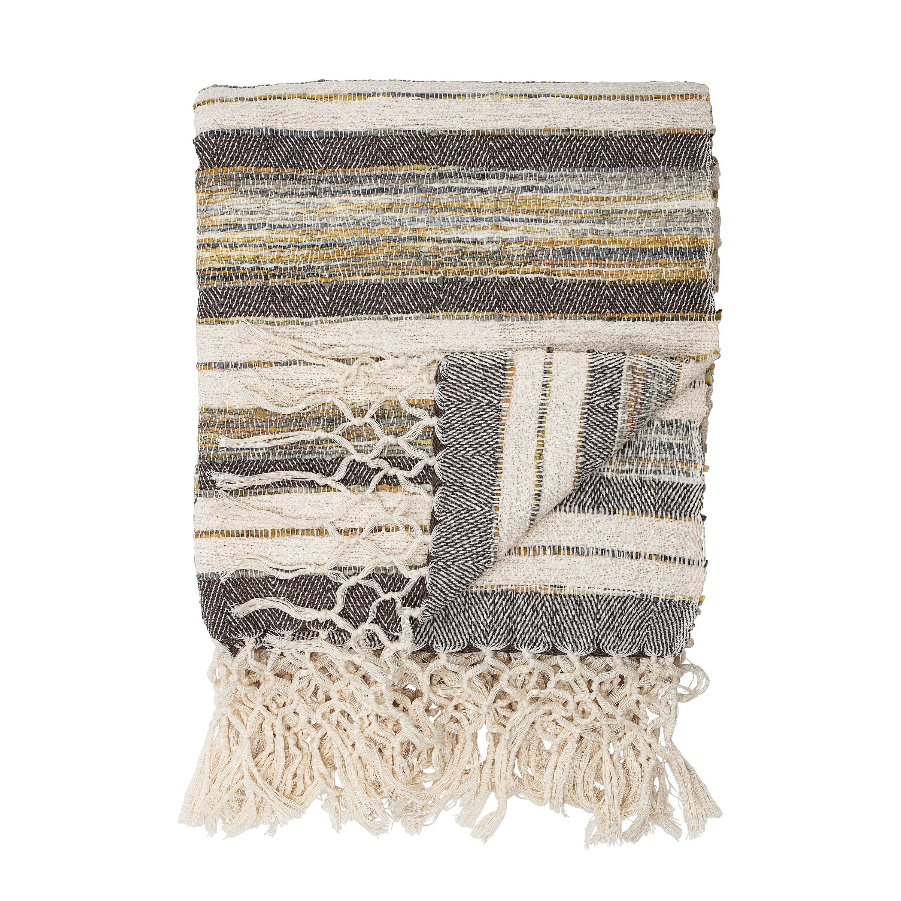 Handwoven Cotton Throw with Decorative Fringe, Gray, White & Yellow - Image 0