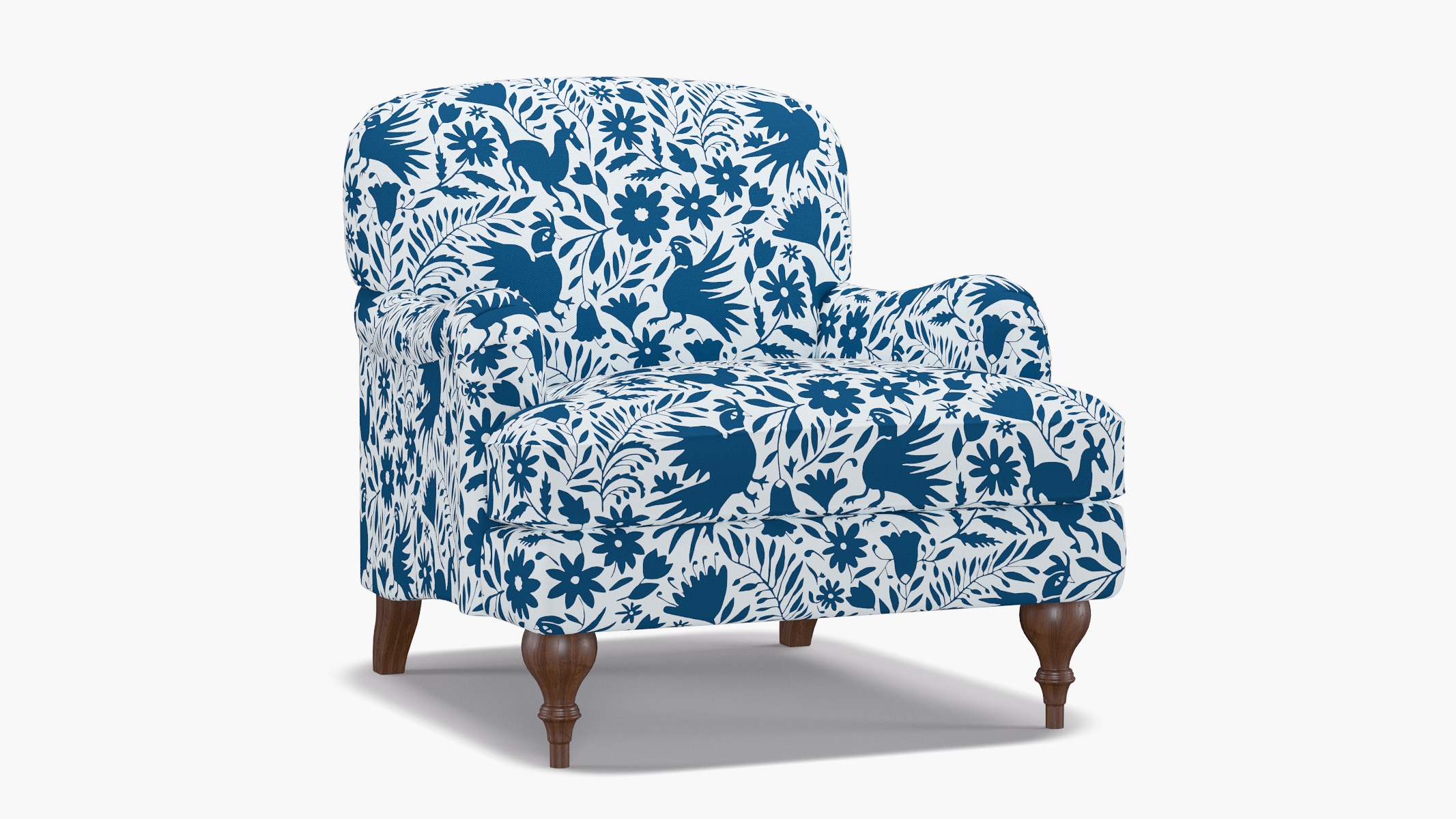 English Roll Arm Chair, Cerulean Frida, Walnut Turned Wood Leg - Image 1