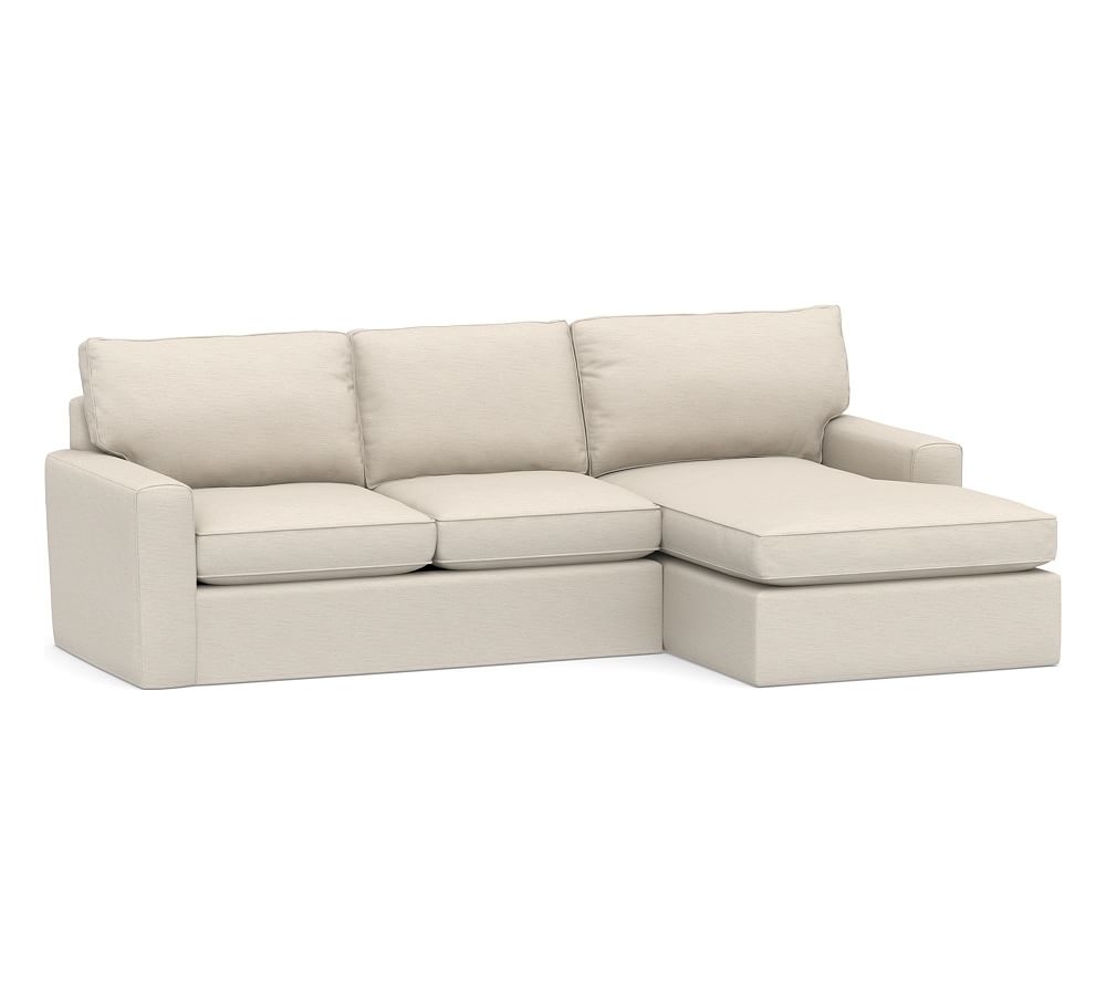 Pearce Square Arm Slipcovered Left Arm Loveseat with Wide Chaise Sectional, Down Blend Wrapped Cushions, Performance Slub Cotton Stone - Image 0