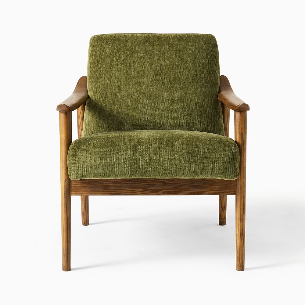Midcentury Show Wood Chair, Poly, Distressed Velvet, Tarragon, Pecan - Image 0