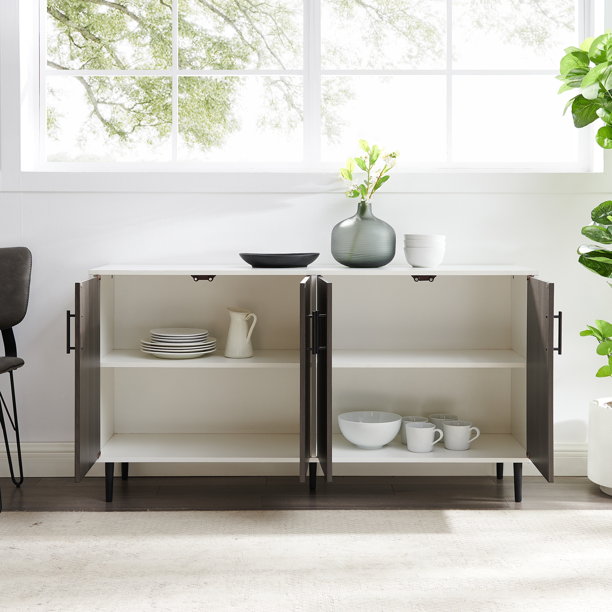 Hampton 58" Mid Century Modern Faux Bookmatch TV Stand - Ash Brown Bookmatch / Solid White - Image 6