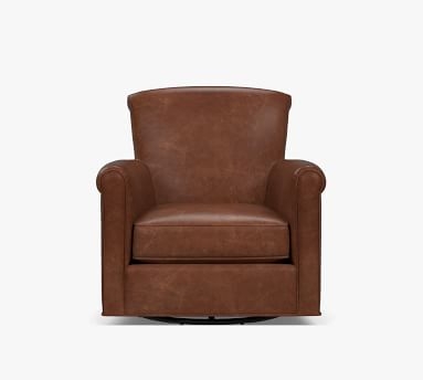 Irving Roll Arm Leather Swivel Armchair, Polyester Wrapped Cushions, Vintage Camel - Image 2