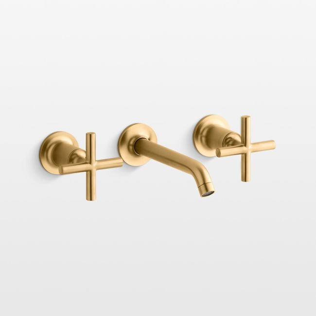 Kohler ® Purist ® Brushed Brass Wall-Mounted Bathroom Sink Faucet and Handles - Image 0