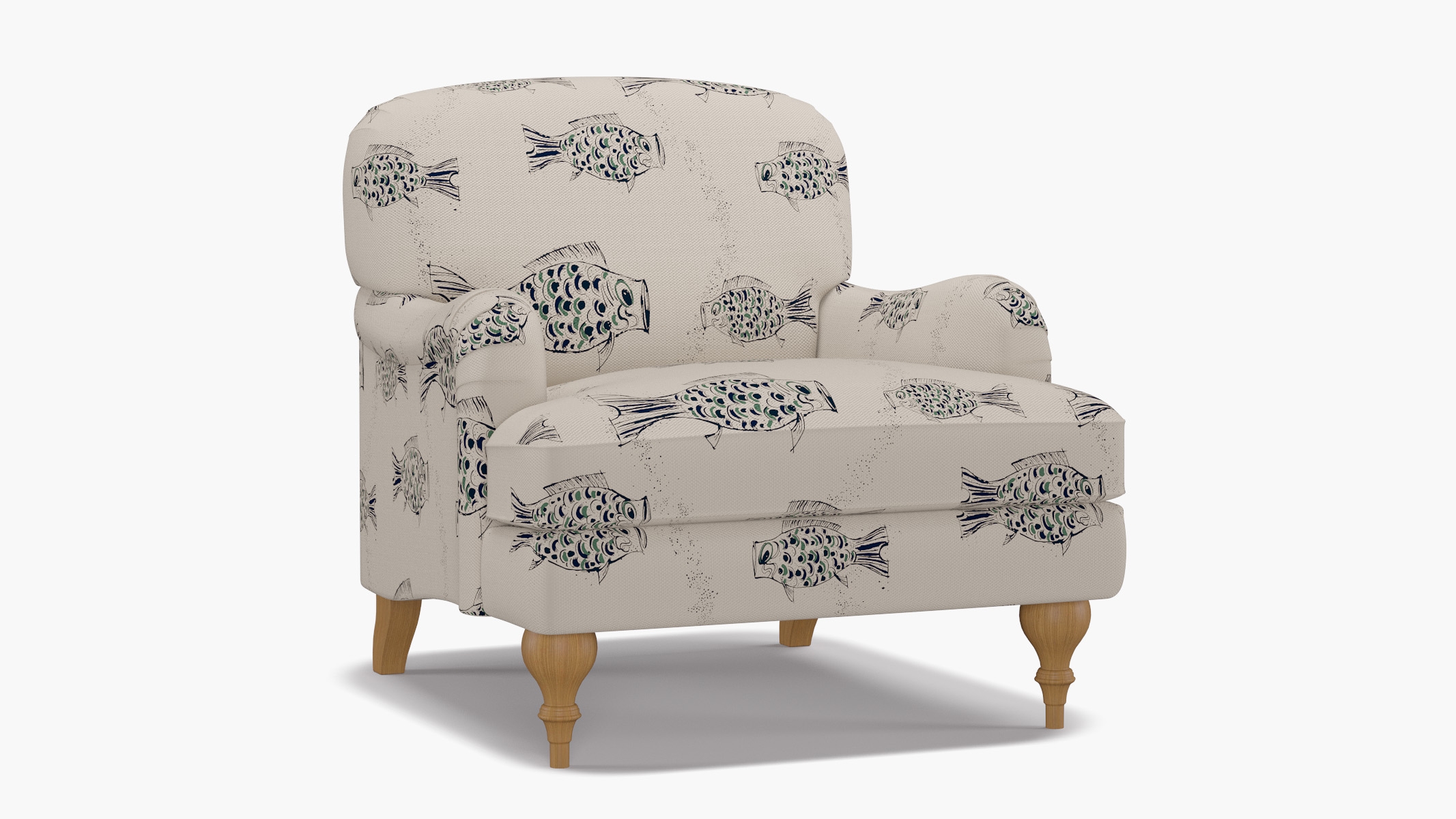 English Roll Arm Chair, Canvas Sakana, Natural Turned Wood Leg - Image 1