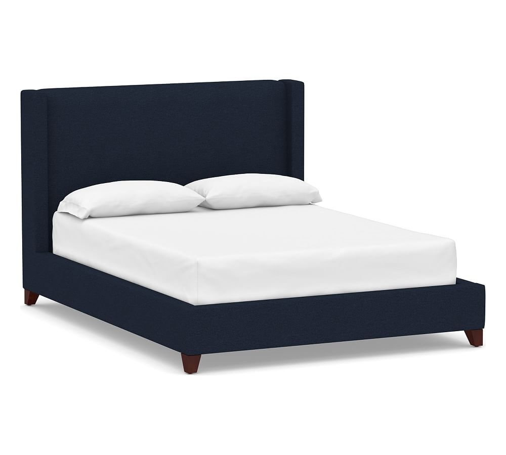 Harper Non-Tufted Upholstered Low Bed without Nailheads, Full, Performance Heathered Basketweave Navy - Image 0