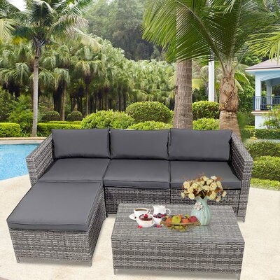 5 Pieces Outdoor Patio Furniture Set, All-Weather Outdoor Small Sectional Patio Sofa Set, Wicker Rattan Patio Sofa Couch Conversation Set With Ottoman And Washable Cushions - Image 0