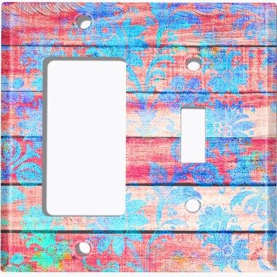 Metal Light Switch Plate Outlet Cover (Red Fence Blue Damask Flower - Single Rocker Single Toggle) - Image 0