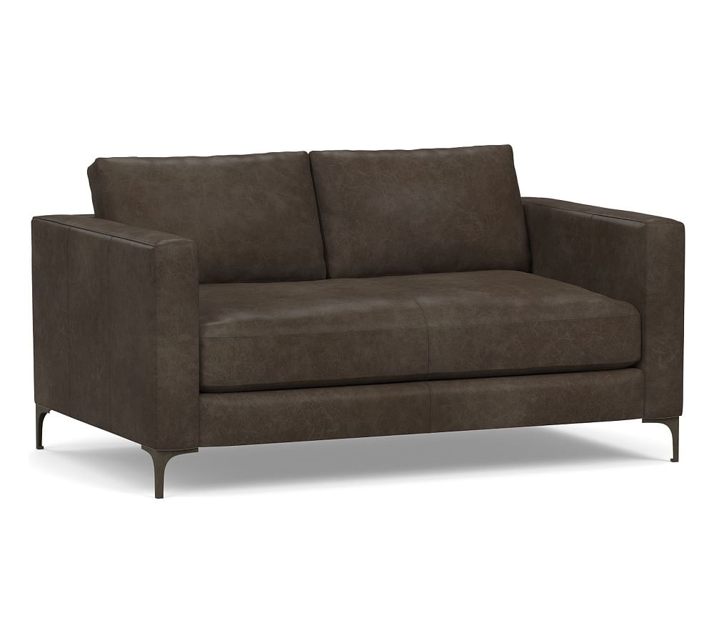 Jake Leather Apartment Sofa 63" with Bronze Legs, Down Blend Wrapped Cushions, Statesville Wolf Gray - Image 0