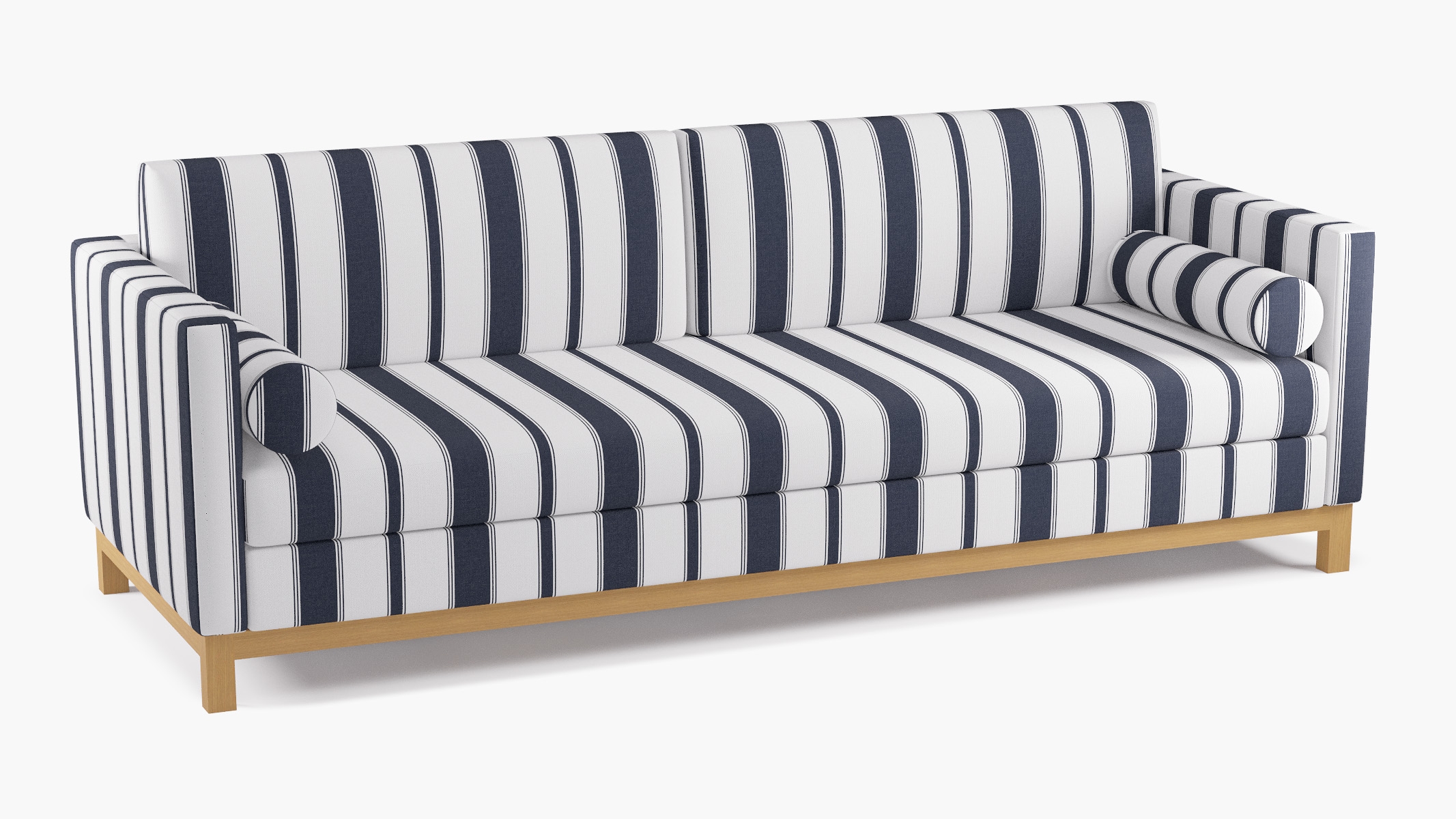 Tailored Tuxedo Sofa, Navy Clarence Stripe, Natural Wood Rail - Image 1