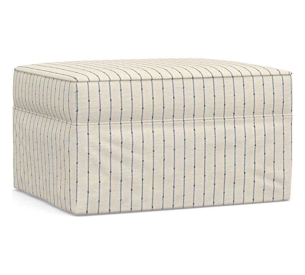 Pearce Slipcovered Ottoman, Polyester Wrapped Cushions, Slubby Pinstripe Blue - Image 0