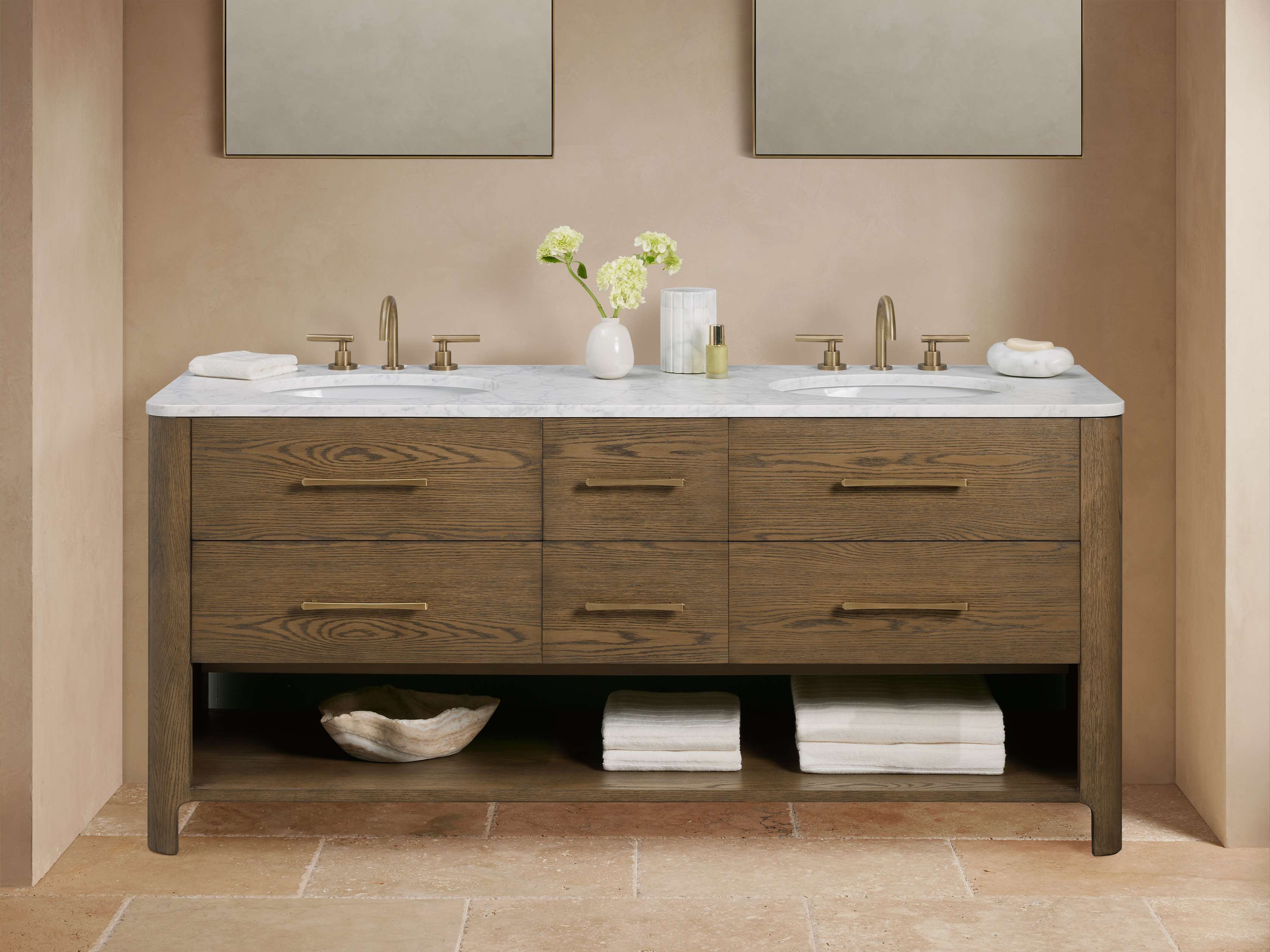 Calista Double Vanity in Wood Brown  Carrara/Cocoa Brass - Image 0