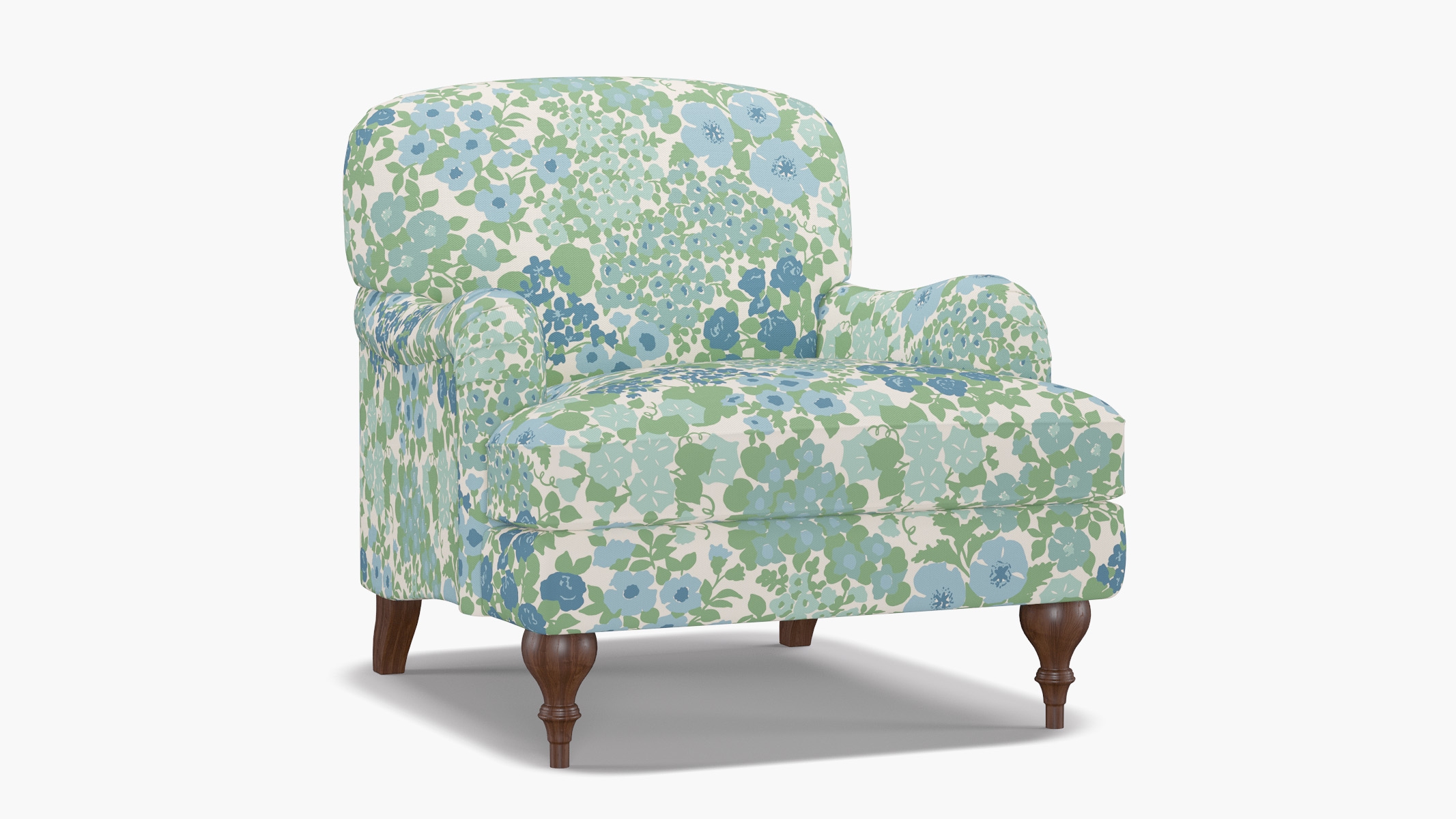 English Roll Arm Chair, Mist Million Flowers, Walnut Turned Wood Leg - Image 1