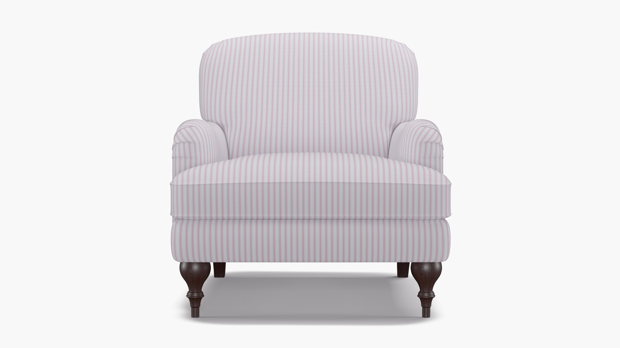 English Roll Arm Chair, Pink Classic Ticking Stripe, Espresso Turned Wood Leg - Image 0
