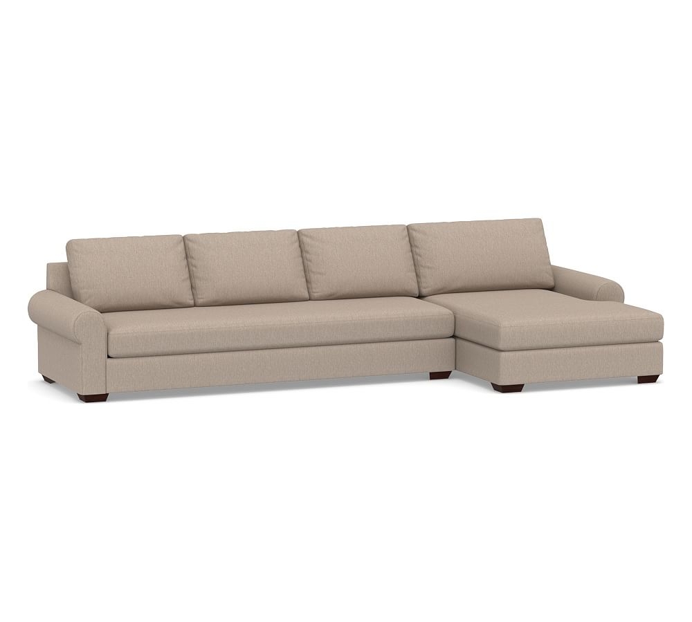 Big Sur Roll Arm Upholstered Left Arm Grand Sofa with Double Chaise Sectional and Bench Cushion, Down Blend Wrapped Cushions, Sunbrella(R) Performance Sahara Weave Mushroom - Image 0