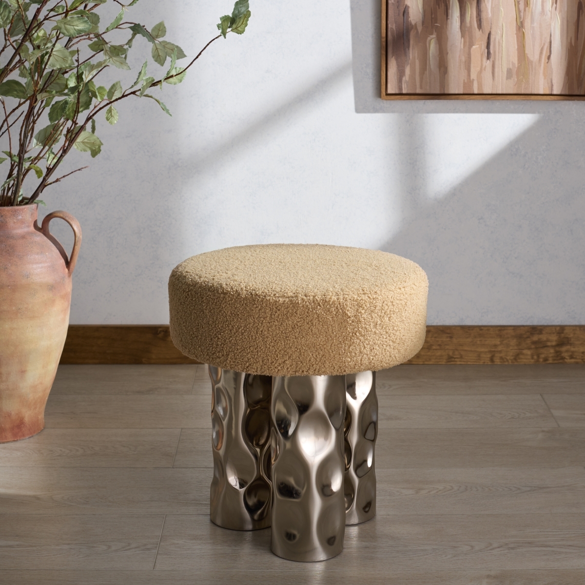 Aubrie Teddy Fabric Ottoman - Beige / Silver - Image 1